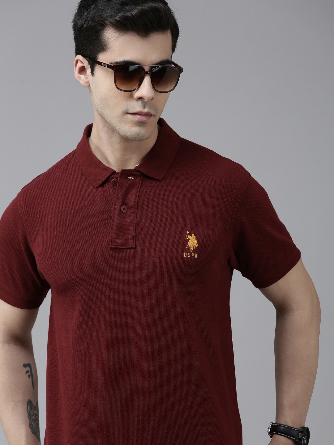 

U S Polo Assn Men Maroon Polo Collar Pure Cotton Slim Fit T-shirt