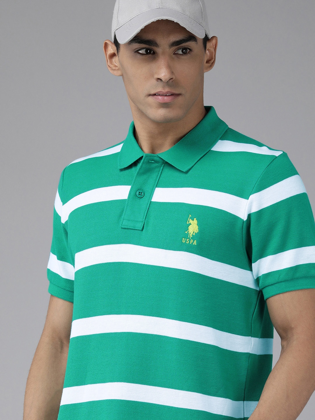 

U S Polo Assn Men Green & White Striped Polo Collar Pure Cotton Slim Fit T-shirt