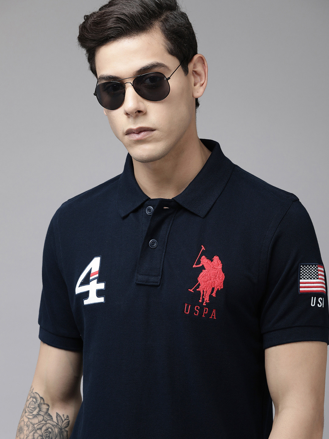 

U.S. Polo Assn. Men Navy Blue Alphanumeric Back Self Design Pure Cotton Slim Fit T-shirt
