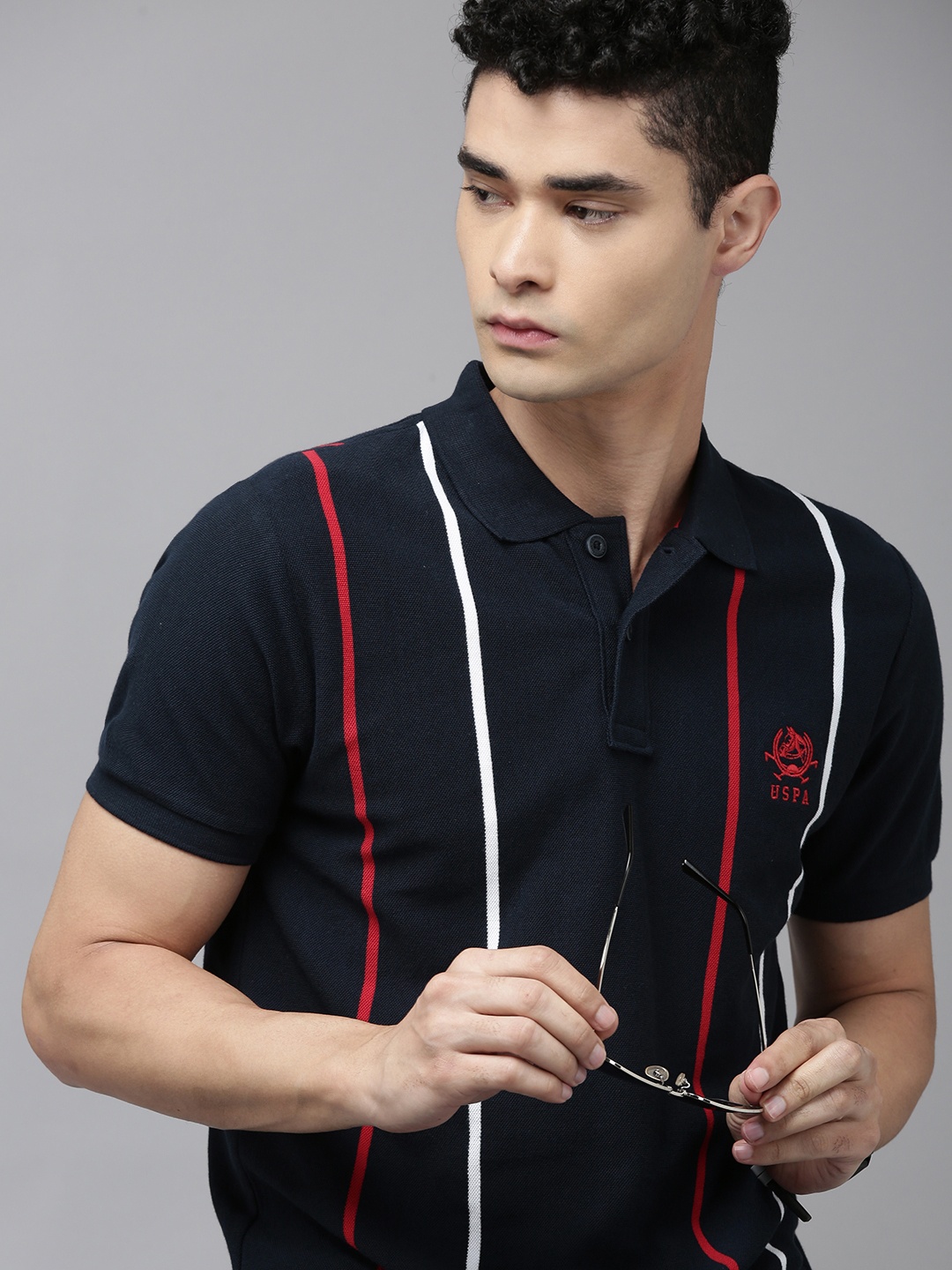 

U S Polo Assn Men Navy Blue & White Striped Polo Collar Pure Cotton Slim Fit T-shirt