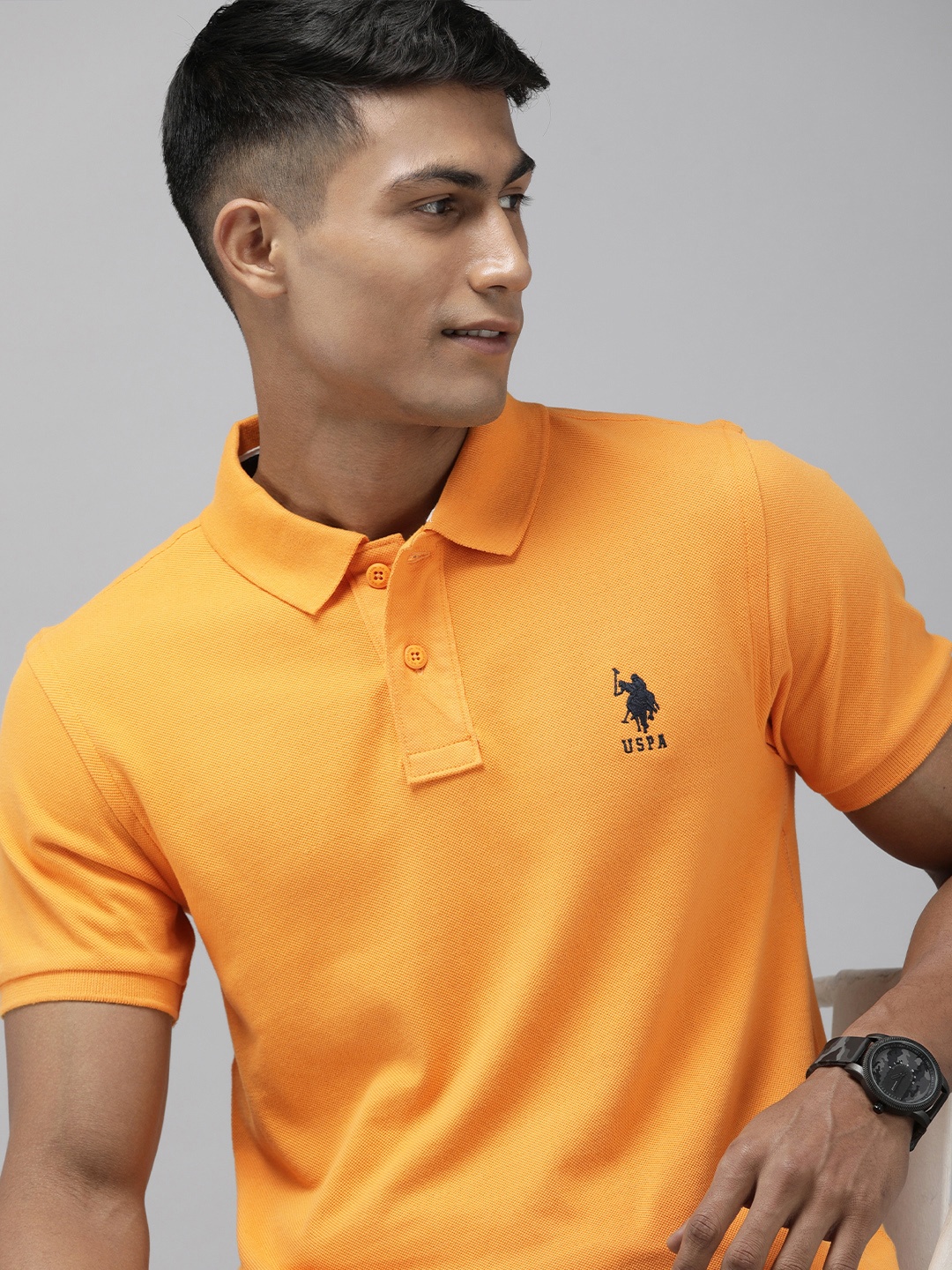 

U S Polo Assn Men Mustard Yellow Embroidered Polo Collar Pure Cotton Slim Fit T-shirt