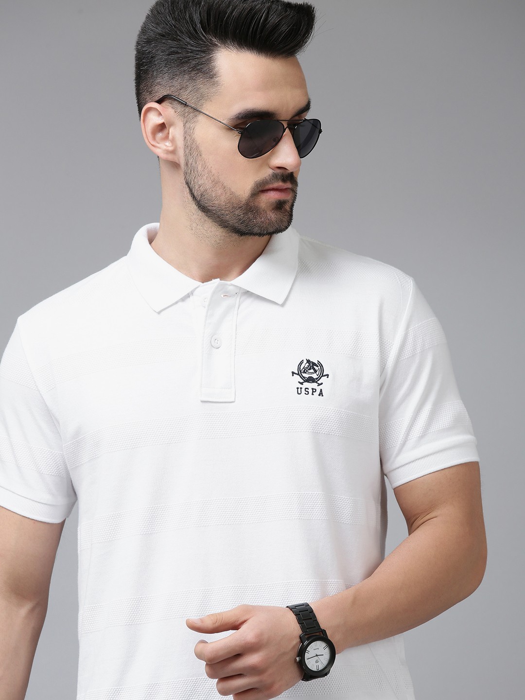 

U S Polo Assn Men White Polo Collar Pure Cotton Slim Fit Solid T-shirt