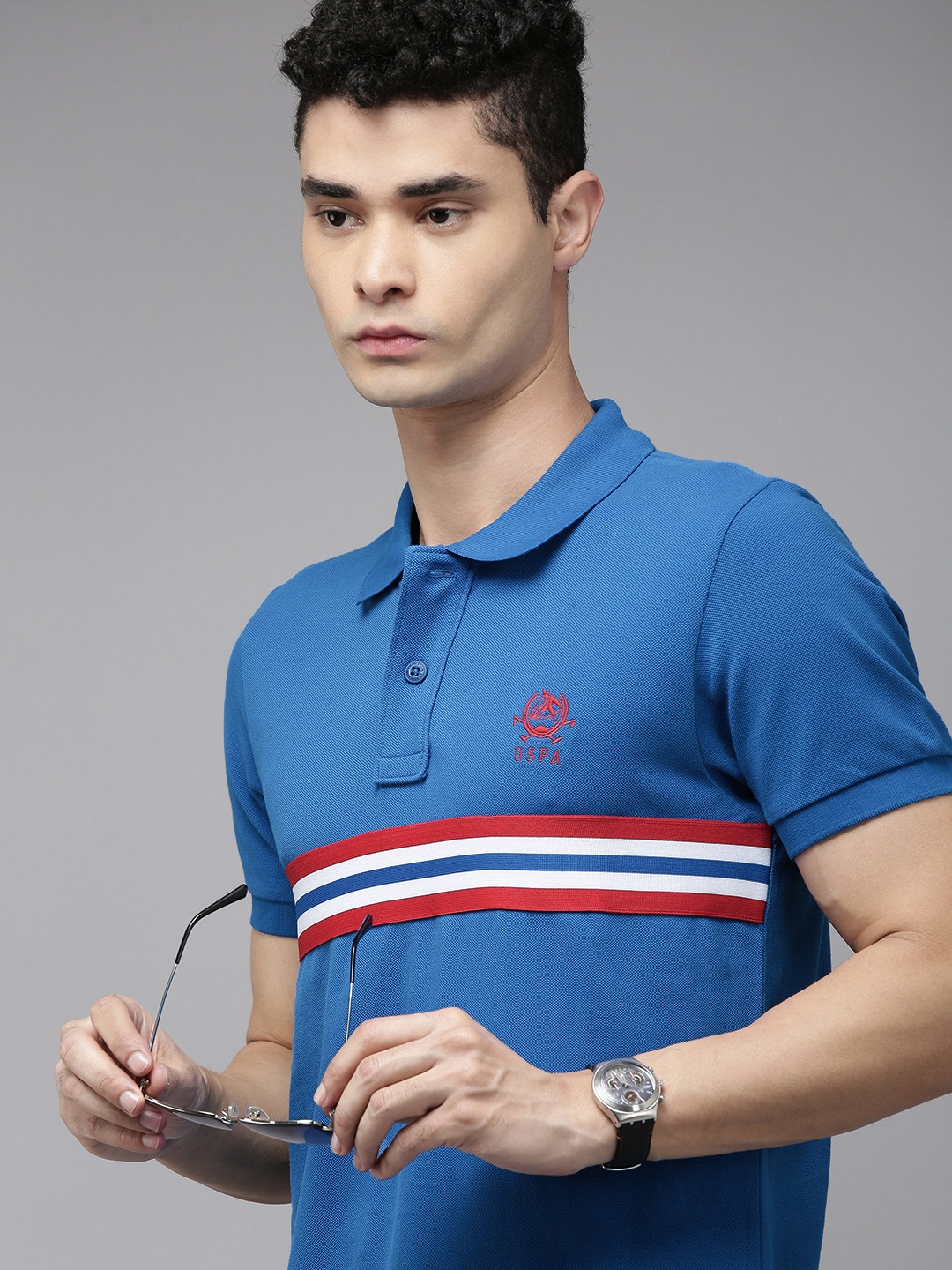 

U S Polo Assn Men Blue Polo Collar Pure Cotton Slim Fit T-shirt