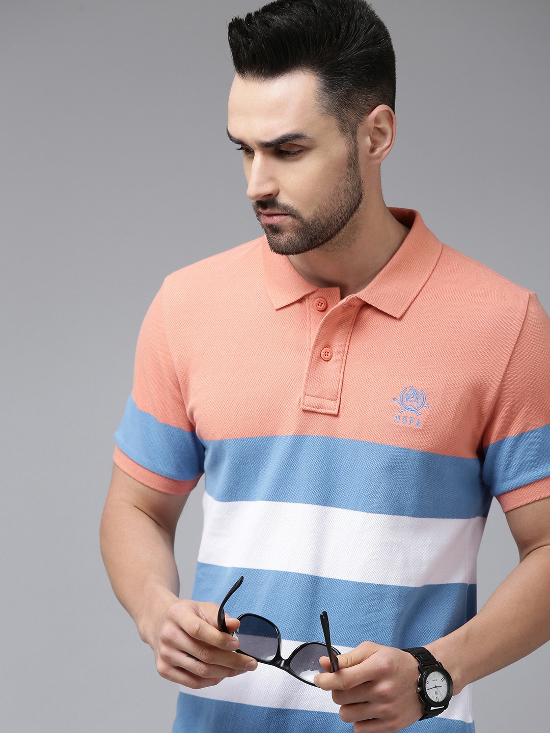 

U S Polo Assn Men Peach & Blue Striped Polo Collar Pure Cotton Slim Fit T-shirt