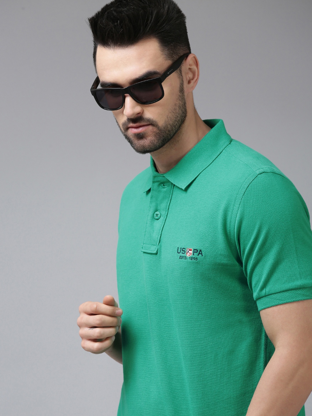 

U S Polo Assn Men Green Polo Collar Pure Cotton Slim Fit Solid T-shirt