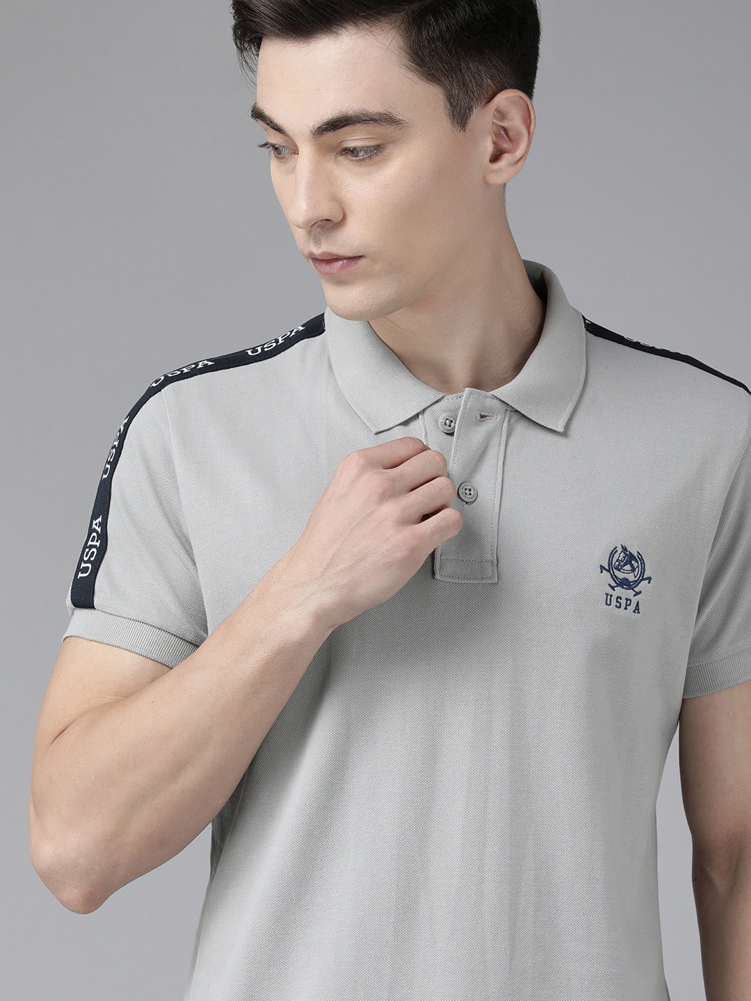 

U S Polo Assn Men Grey Embroidered Pure Cotton Slim Fit Polo T-shirt With Side Taping