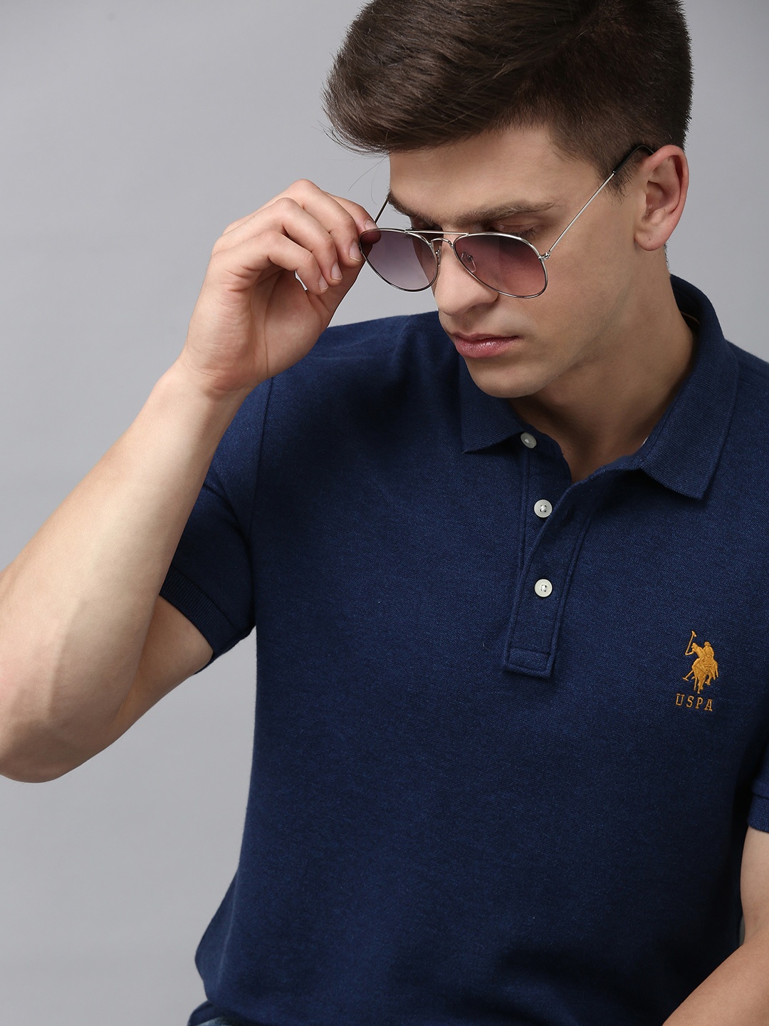 

U S Polo Assn Men Solid Polo Collar Pure Cotton Slim Fit T-shirt, Navy blue