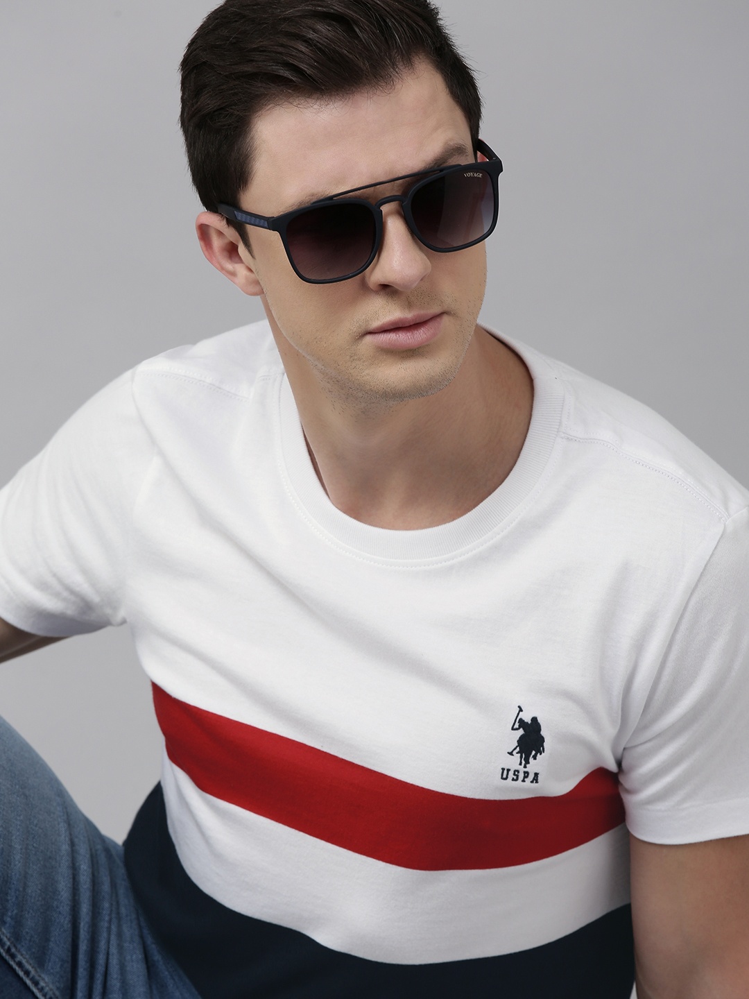 

U S Polo Assn Men White & Navy Blue Colourblocked Slim Fit T-shirt