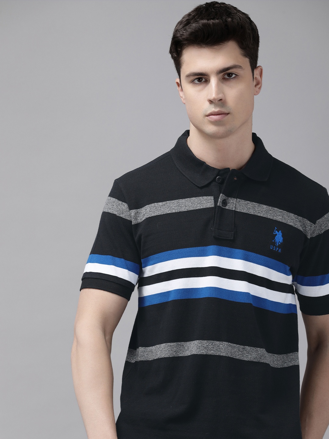 

U.S. Polo Assn. Men Pure Cotton Striped Polo Collar T-shirt, Black