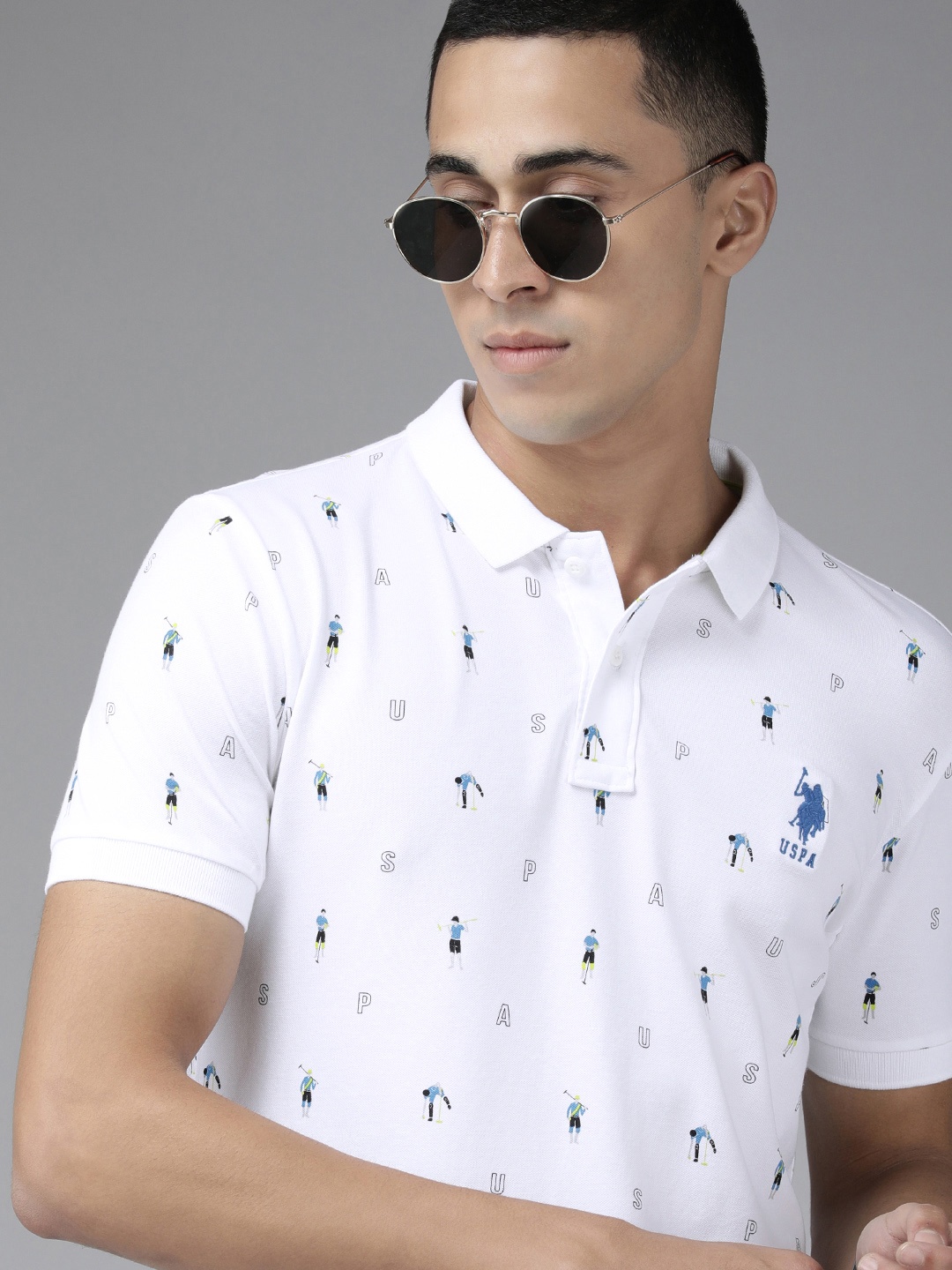 

U S Polo Assn Men White & Blue Printed Polo Collar Slim Fit T-shirt