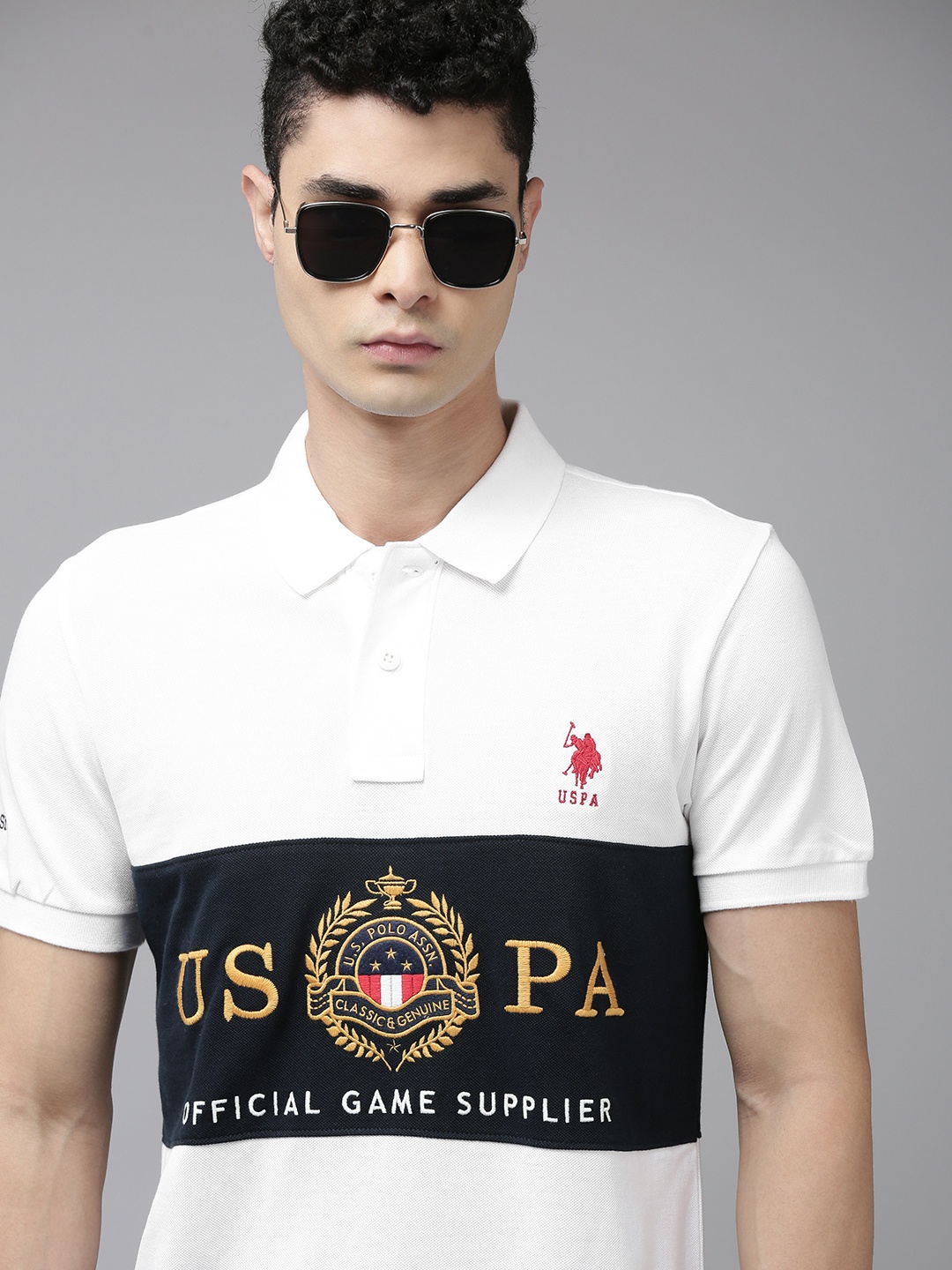 

U S Polo Assn Men White Brand Logo Printed Polo Collar Pure Cotton Slim Fit T-shirt