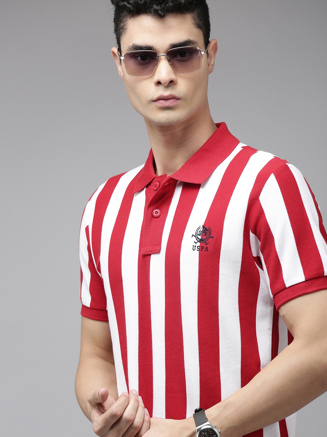 

U S Polo Assn Men Red & White Striped Polo Collar Pure Cotton Slim Fit T-shirt
