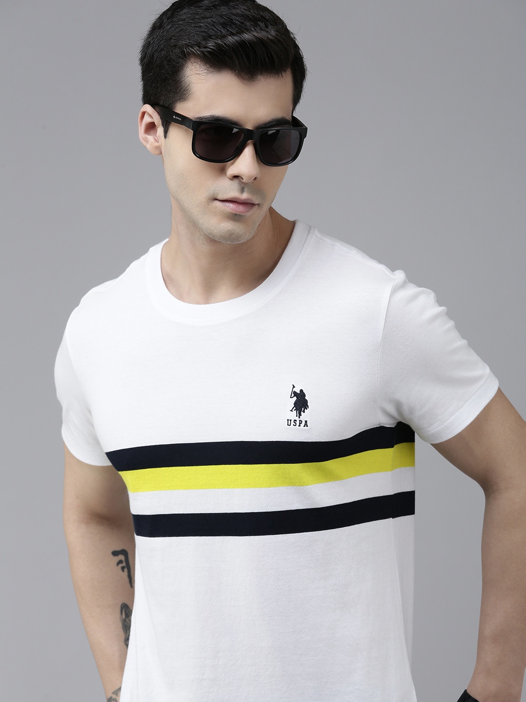 

U S Polo Assn Men White & Black Striped Pure Cotton Slim Fit T-shirt