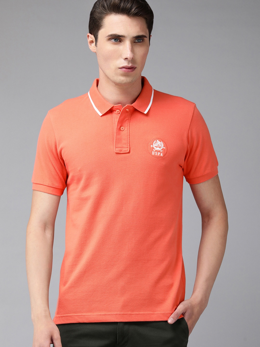 

U S Polo Assn Men Peach-Coloured Polo Collar Pure Cotton Slim Fit T-shirt