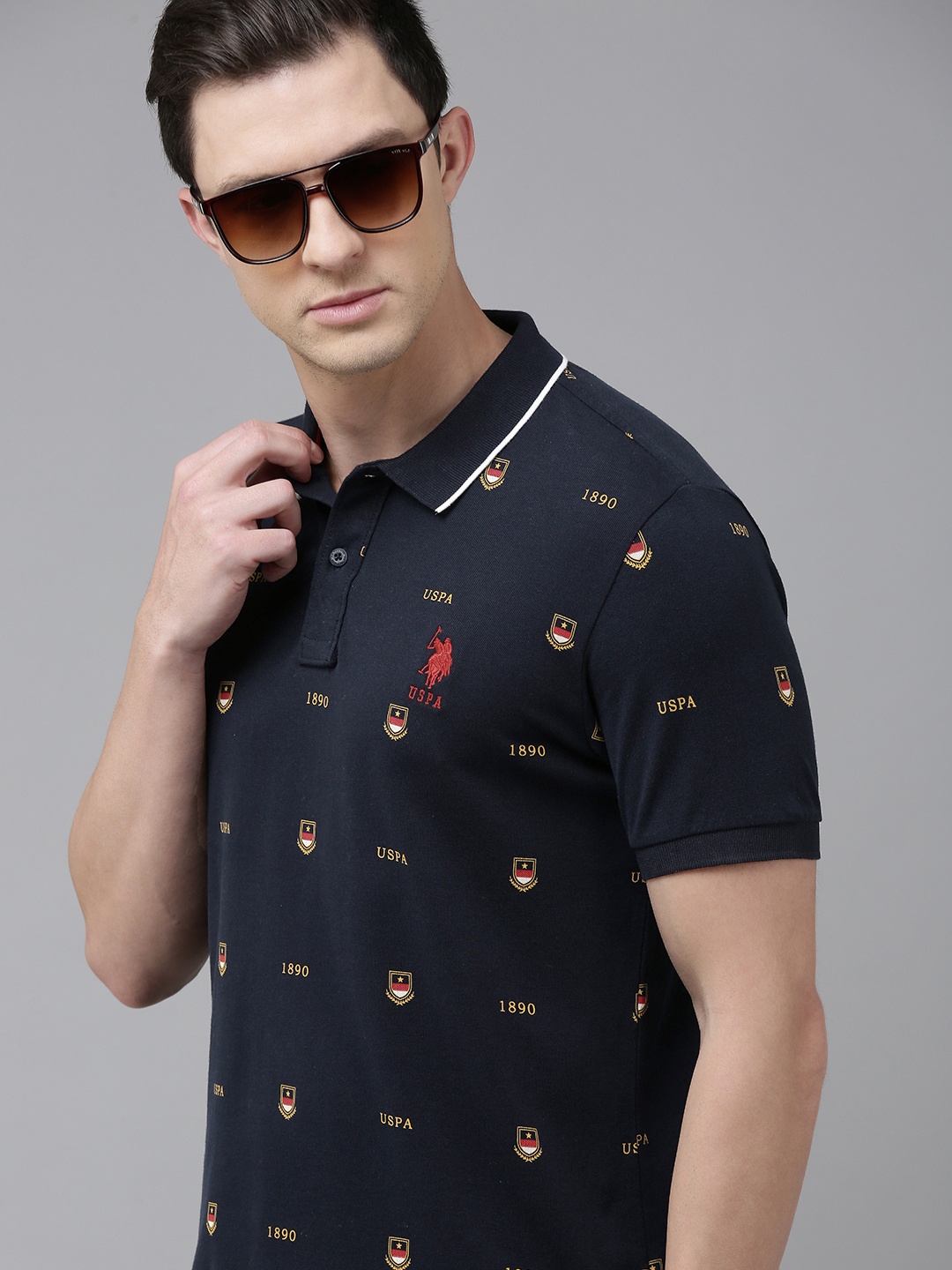 

U S Polo Assn Men Navy Blue & Yellow Brand Logo Printed Polo Collar Slim Fit T-shirt