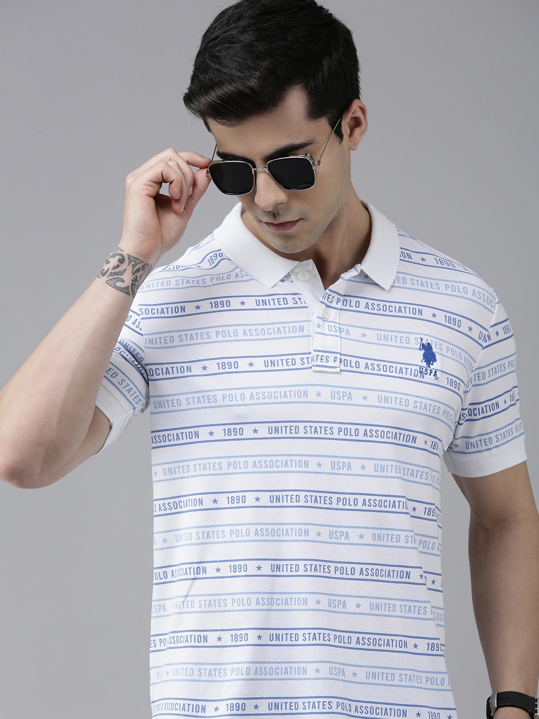 

U S Polo Assn Men White & Blue Typography Printed Polo Collar Slim Fit T-shirt