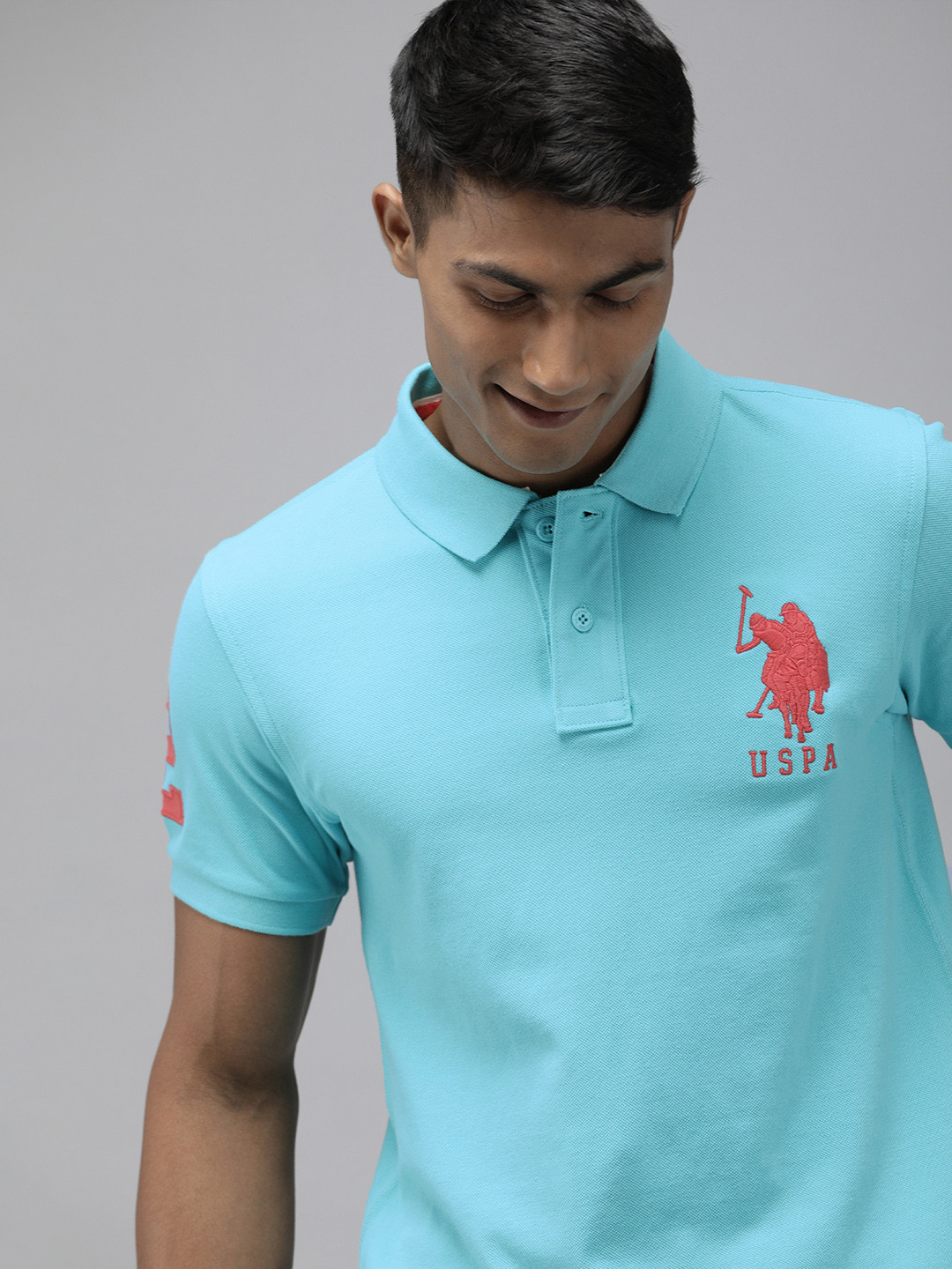 

U S Polo Assn Men Light Blue Brand Logo Embroidered Pure Cotton Slim Fit Polo T-shirt