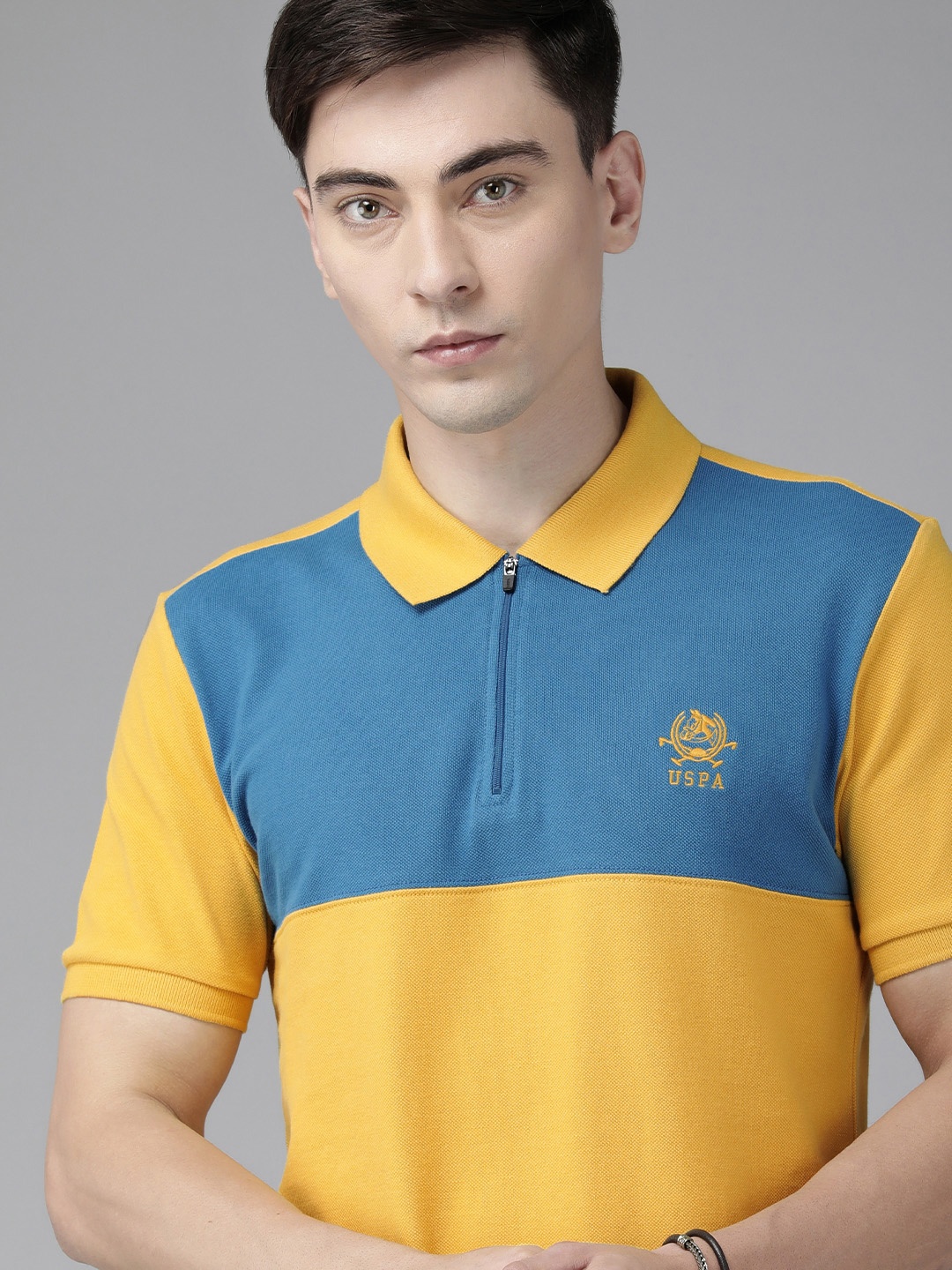 

U S Polo Assn Men Mustard Yellow & Blue Colourblocked Polo Collar Pure Cotton Slim Fit T-shirt