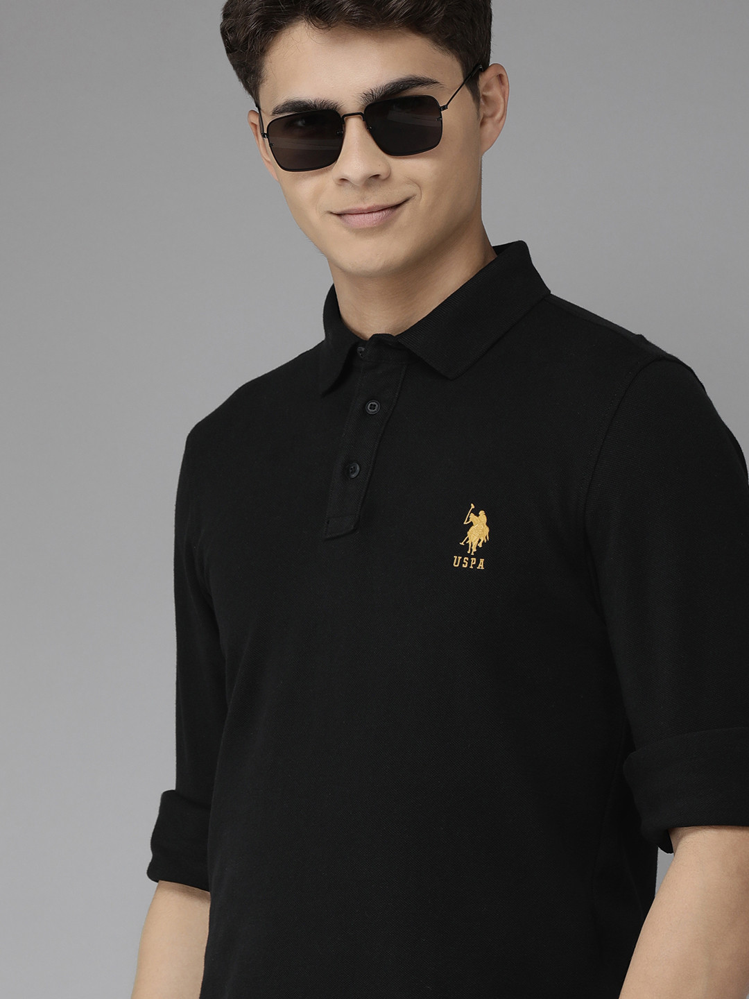

U.S. Polo Assn. Men Black Pure Cotton Polo Collar Slim Fit T-shirt