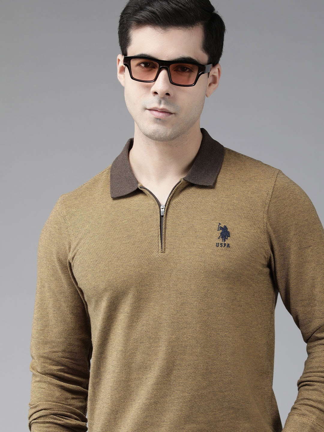 

U S Polo Assn Men Brown Solid Polo Collar Pure Cotton Slim Fit T-shirt