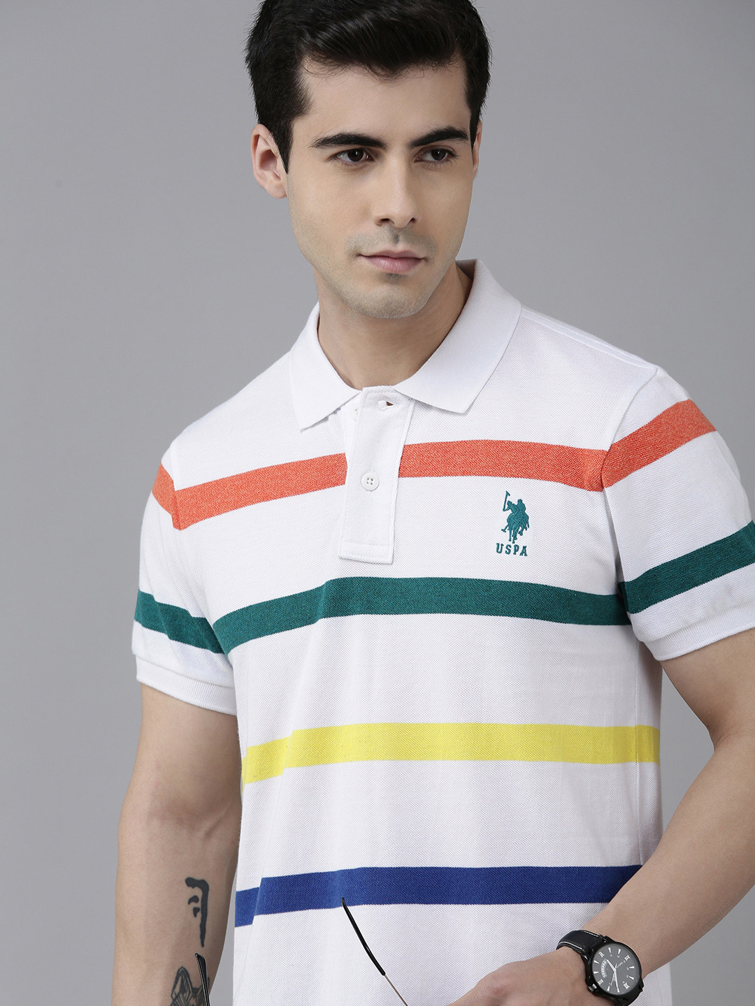 

U S Polo Assn Men White Striped Polo Collar Pure Cotton Slim Fit T-shirt