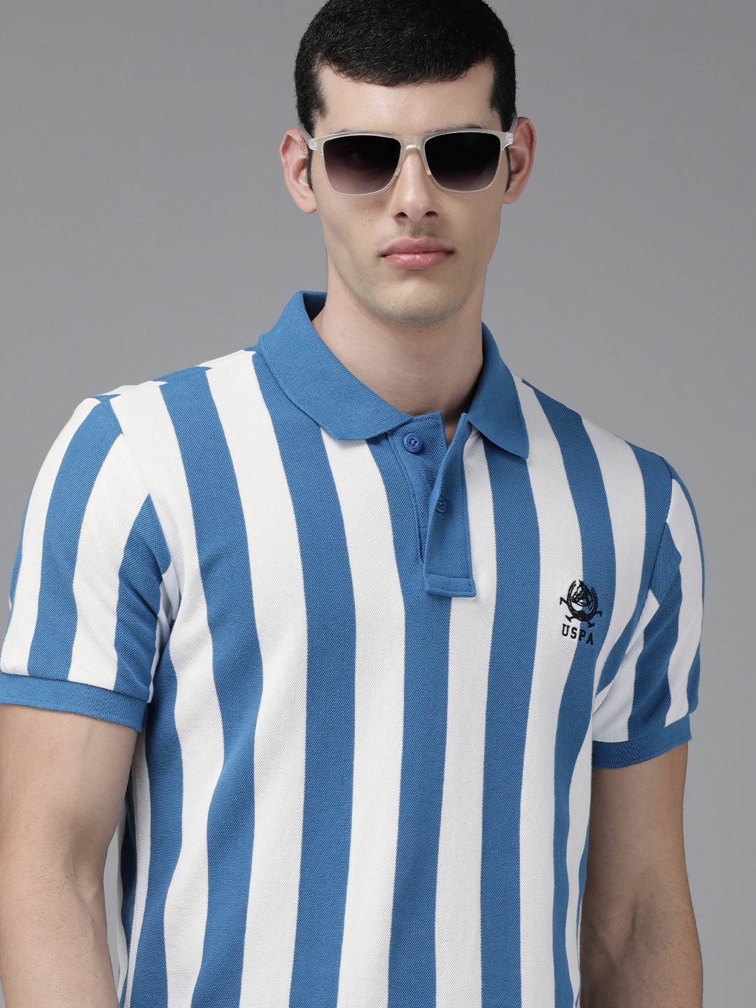 

U S Polo Assn Men Blue Striped Polo Collar Slim Fit Pure Cotton T-shirt