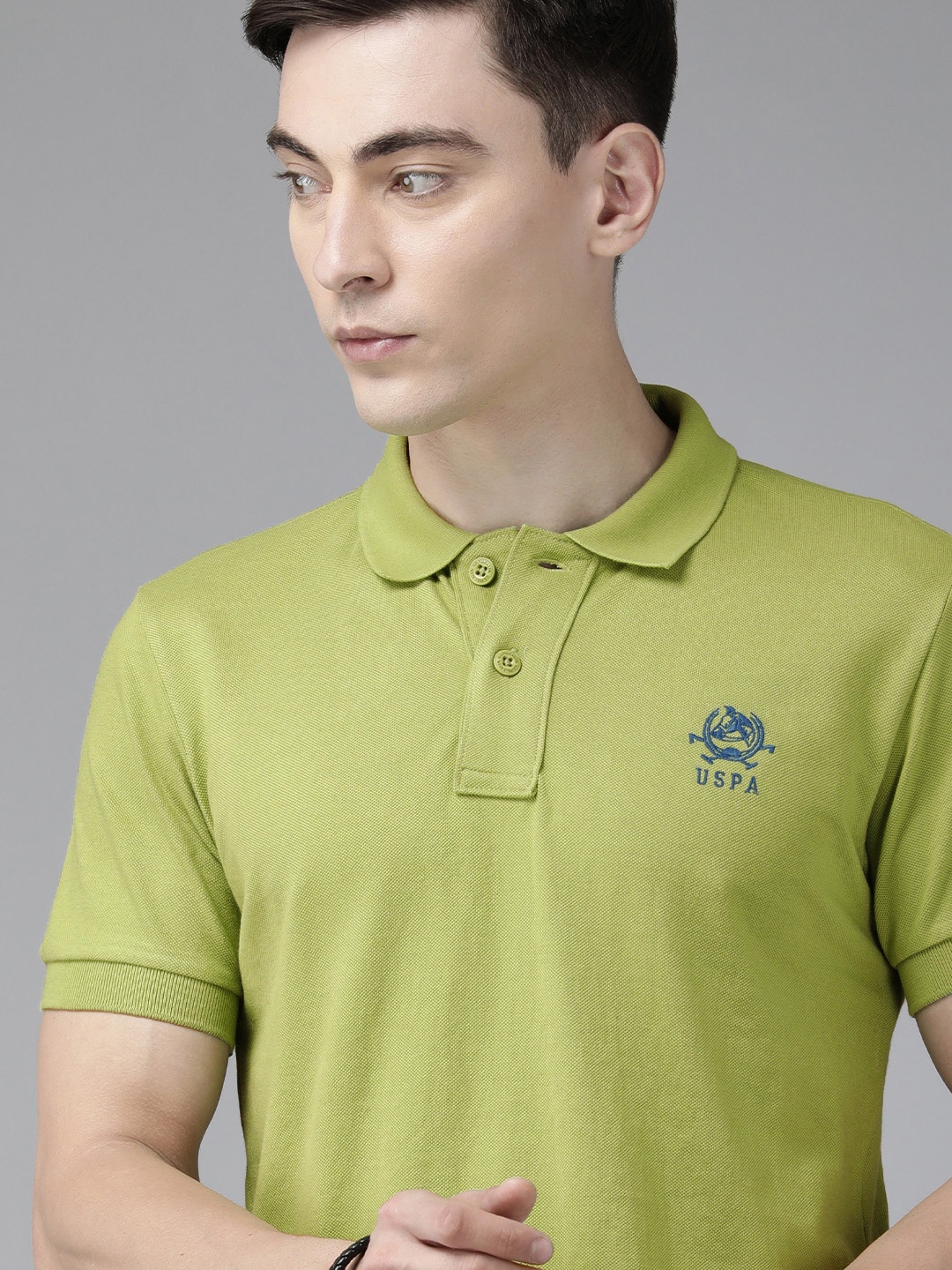 

U S Polo Assn Men Olive Green Brand Logo Embroidered Polo Collar Slim Fit T-shirt