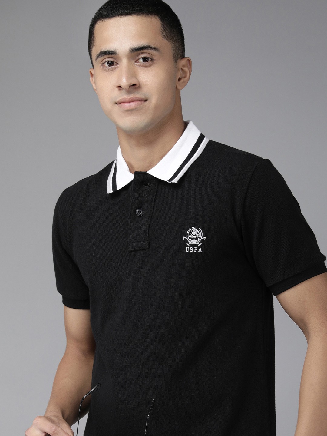 

U S Polo Assn Men Black Polo Collar Pure Cotton Slim Fit T-shirt