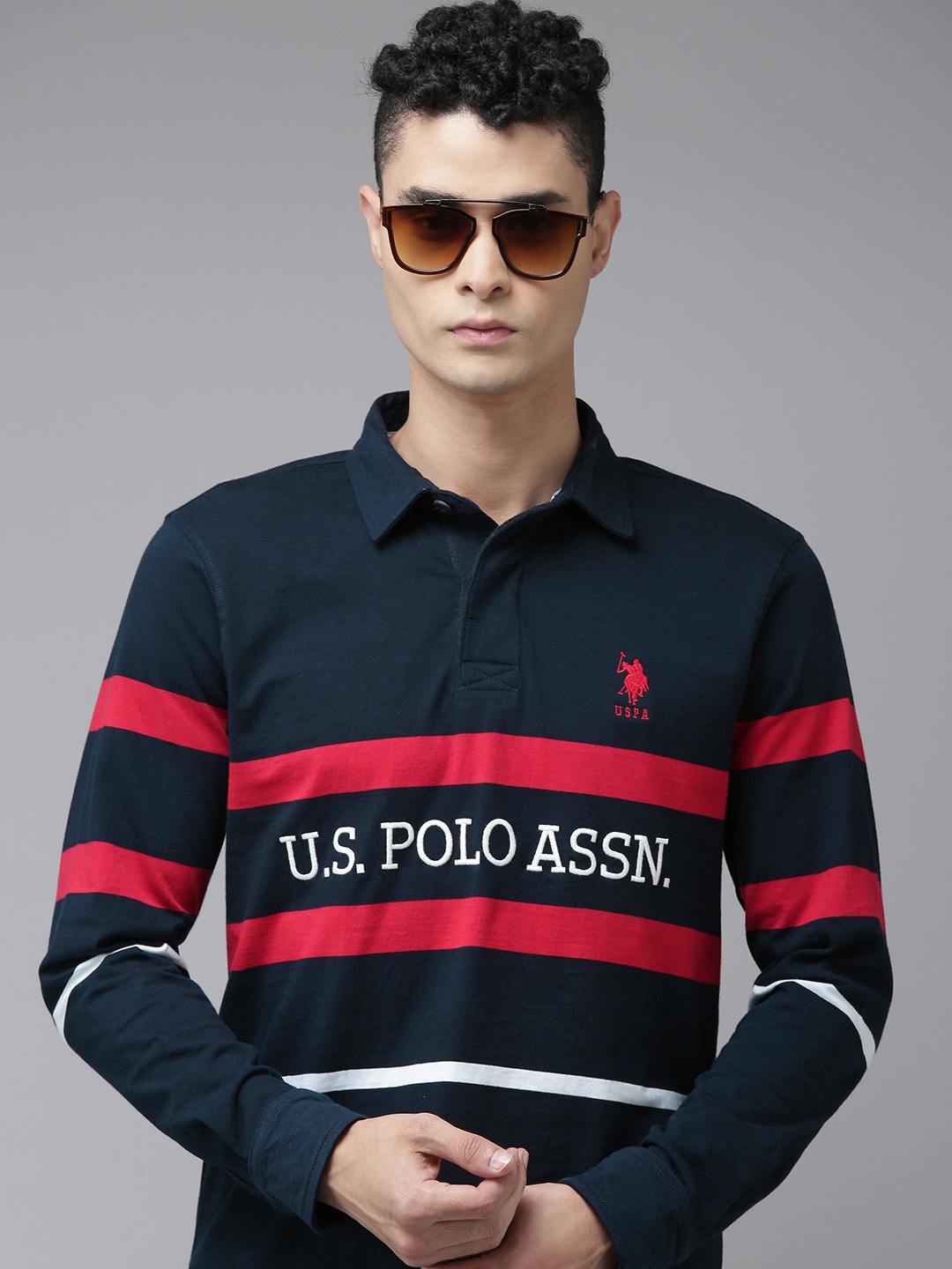 

U S Polo Assn Men Navy Blue & Red Striped Cotton Slim Fit T-shirt with Logo Embroidery