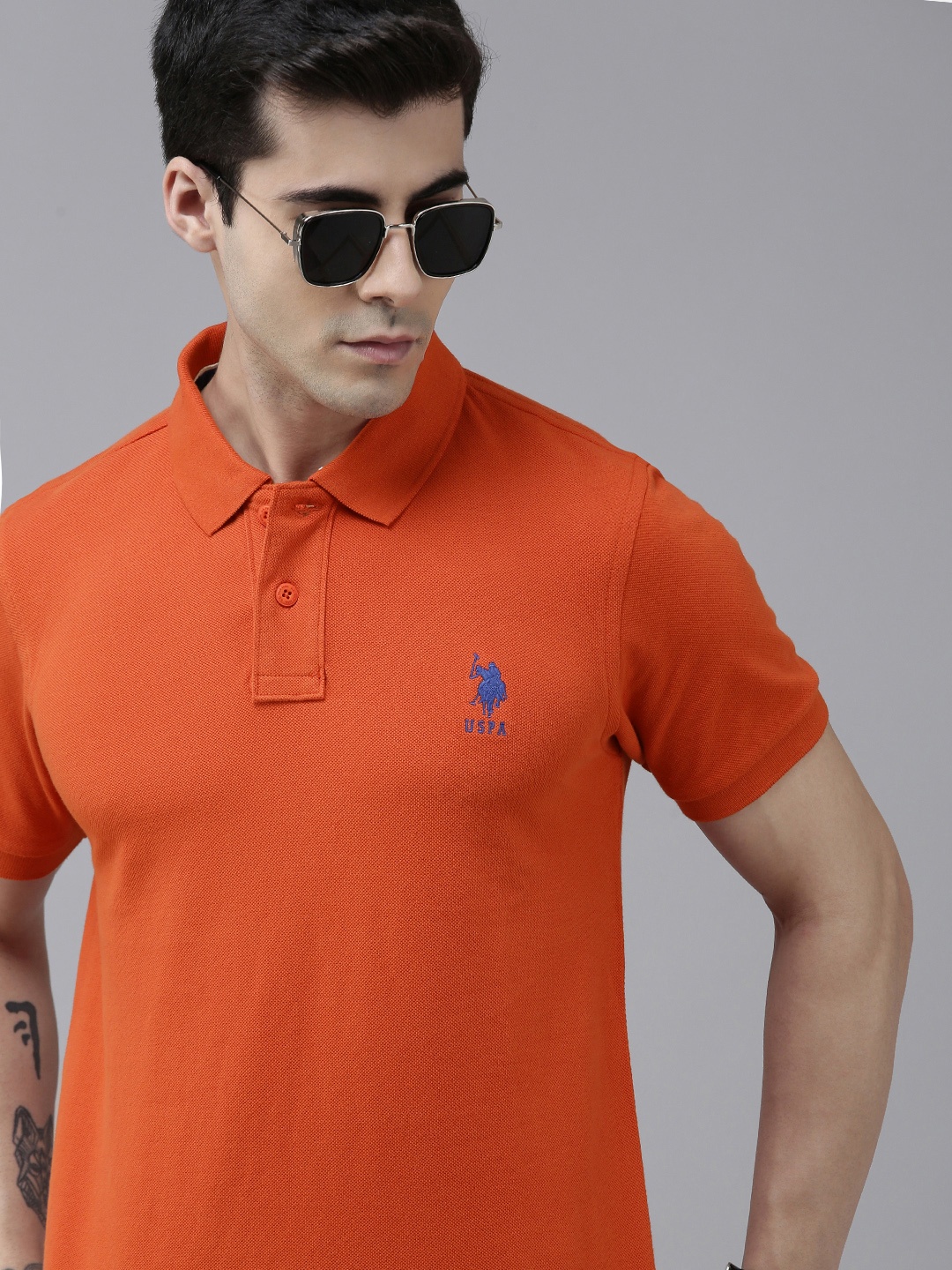 

U S Polo Assn Men Orange Polo Collar Pure Cotton Slim Fit T-shirt