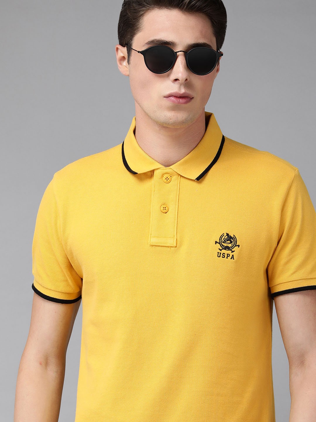 

U S Polo Assn Men Yellow Brand Logo Embroidered Polo Collar Pure Cotton Slim Fit T-shirt