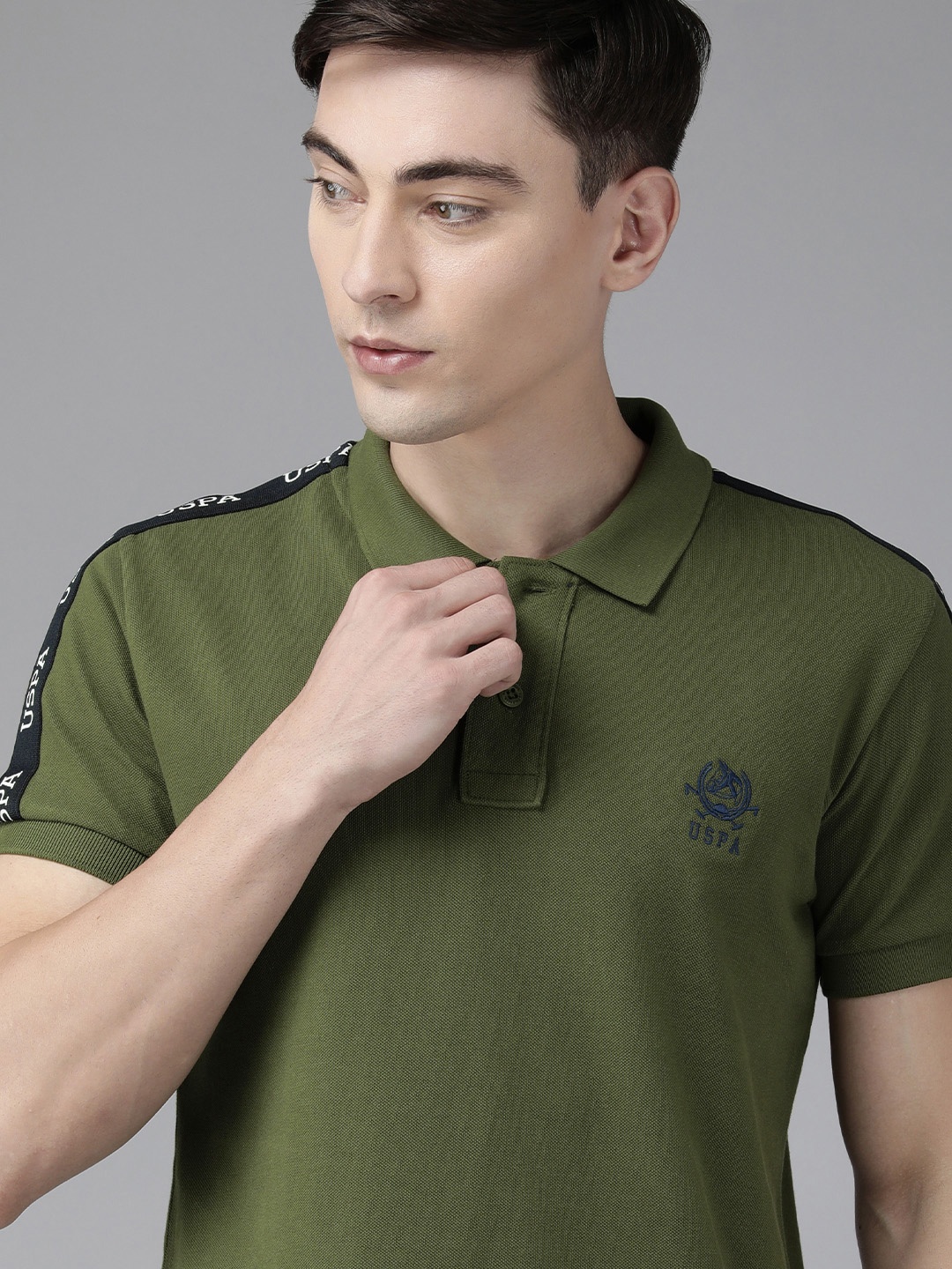 

U S Polo Assn Men Olive Green Embroidered Pure Cotton Slim Polo T-shirt With Side Taping