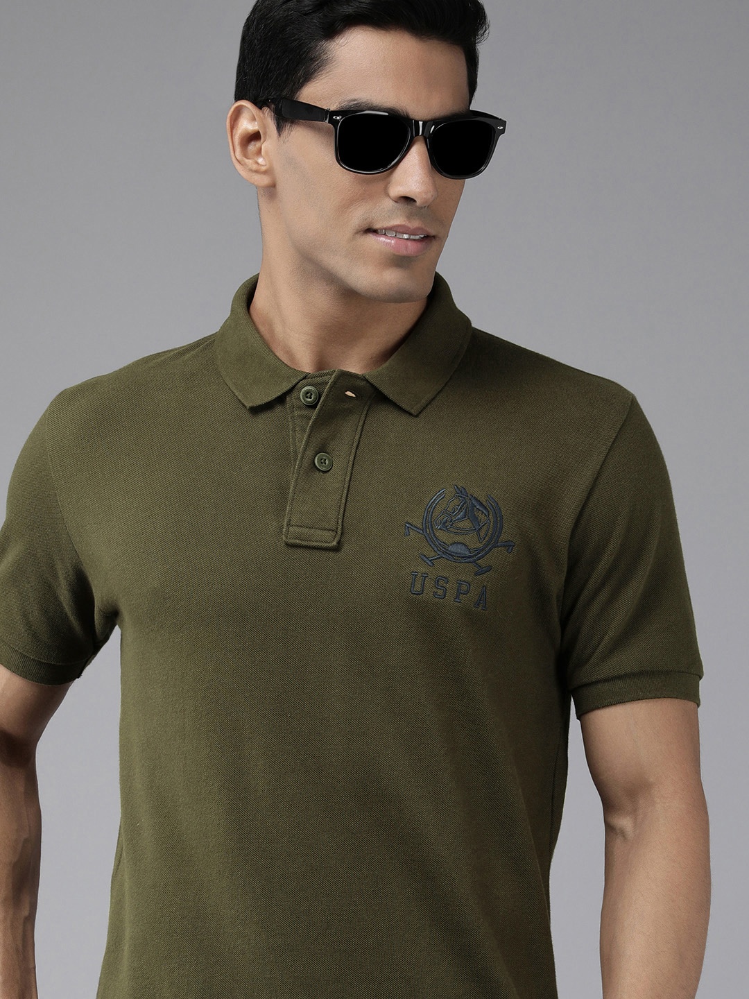 

U S Polo Assn Men Olive Green Polo Collar Pure Cotton Slim Fit T-shirt