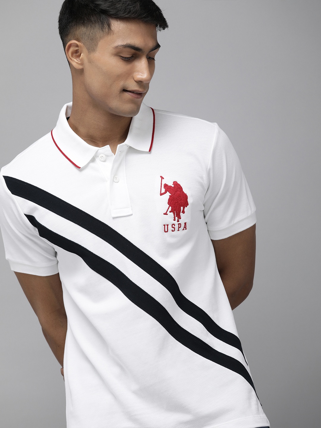 

U S Polo Assn Men White & Red Brand Logo Embroidered Pure cotton Polo Collar T-shirt