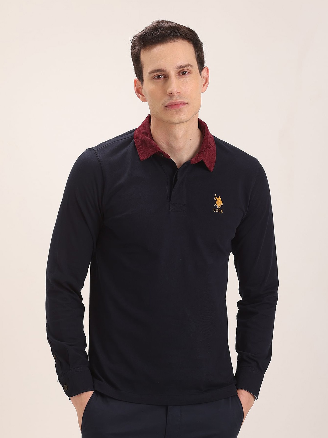 

U S Polo Assn Men Navy Blue Polo Collar Slim Fit Pure Cotton T-shirt