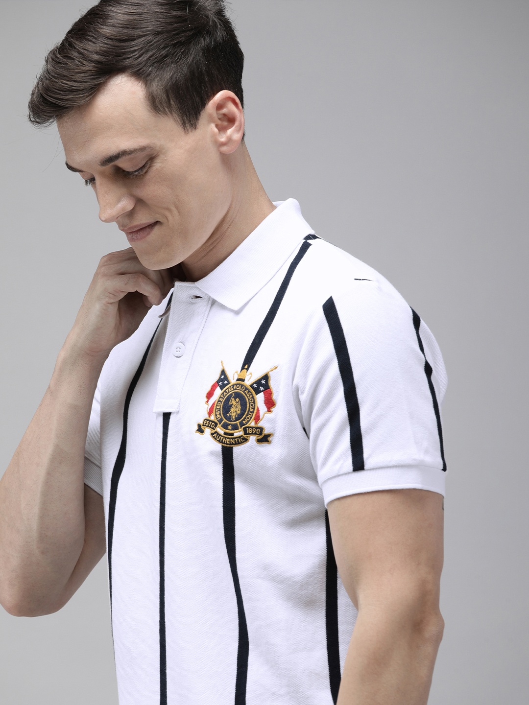 

U S Polo Assn Men White & Black Striped Polo Collar Pure Cotton Slim Fit T-shirt