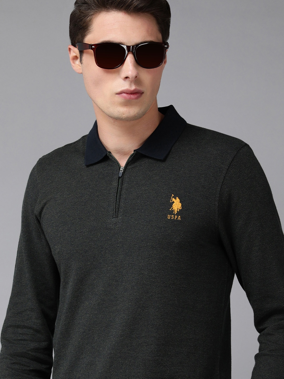 

U S Polo Assn Men Charcoal Grey Brand Logo Embroidered Pure Cotton Slim Fit Polo T-shirt