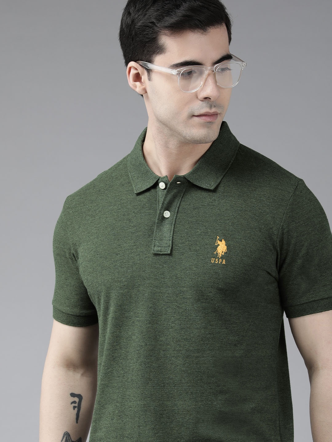 

U S Polo Assn Men Olive Green Solid Polo Collar Slim Fit T-shirt