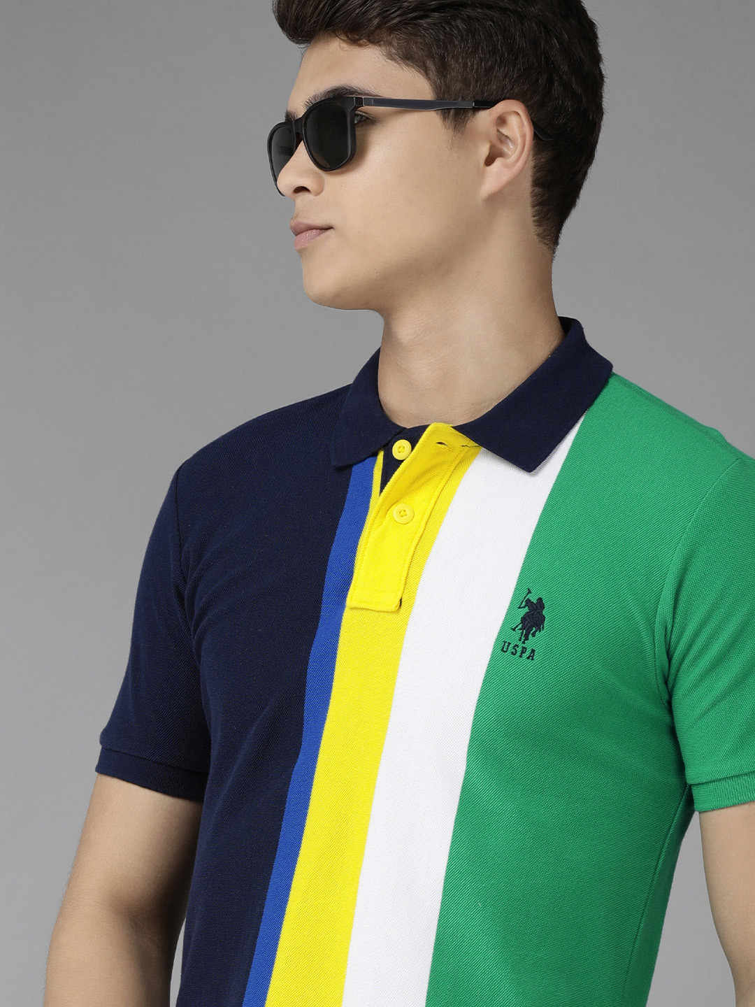 

U S Polo Assn Men Blue & Green Candy Striped Polo Collar Pure Cotton Slim Fit T-shirt