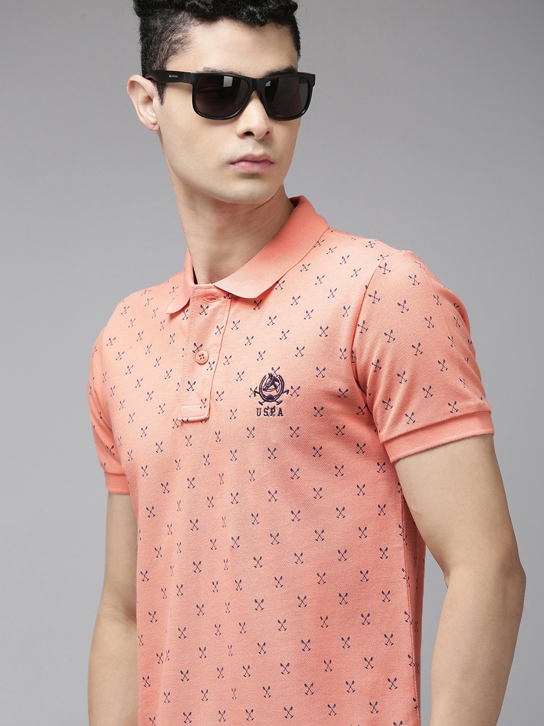 

U.S. Polo Assn. Men Peach-Coloured Printed Polo Collar Pure Cotton Slim Fit T-shirt