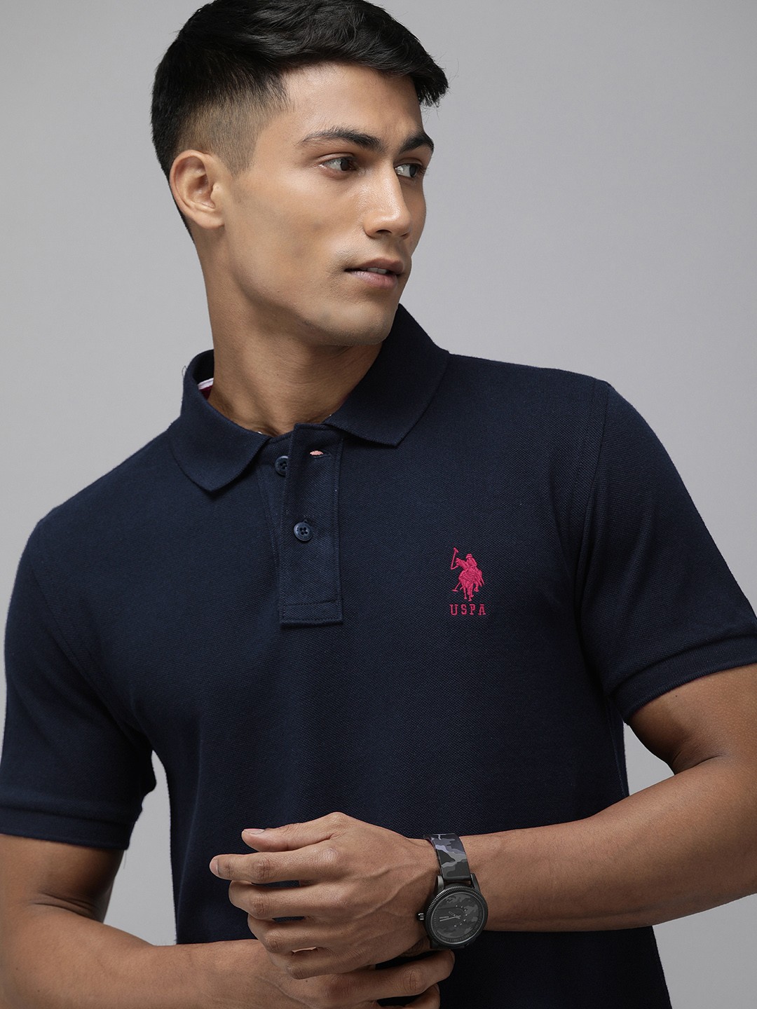

U S Polo Assn Men Navy Blue Embroidered Polo Collar Pure Cotton Slim Fit T-shirt