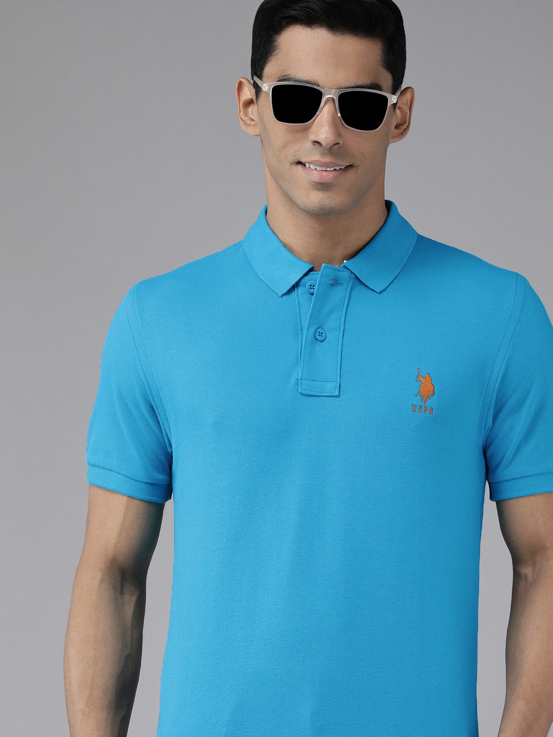 

U S Polo Assn Men Blue Brand Logo Printed Polo Pure Cotton Collar Slim Fit T-shirt