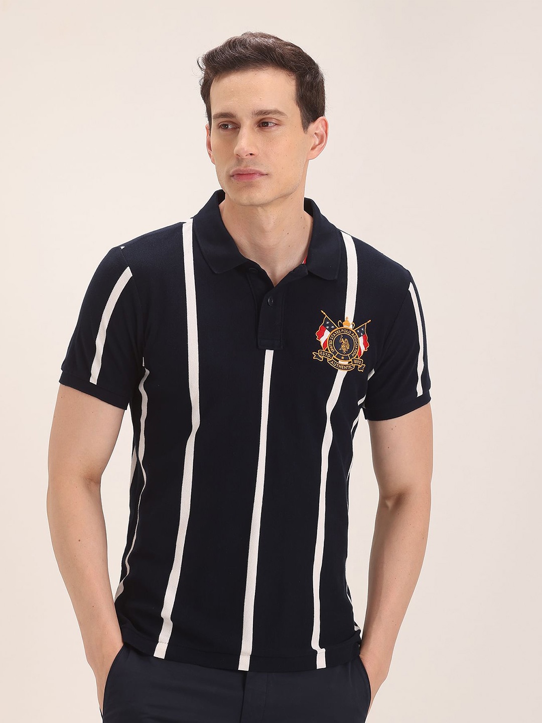 

U S Polo Assn Men Navy Blue & White Striped Polo Collar Pure Cotton Slim Fit T-shirt