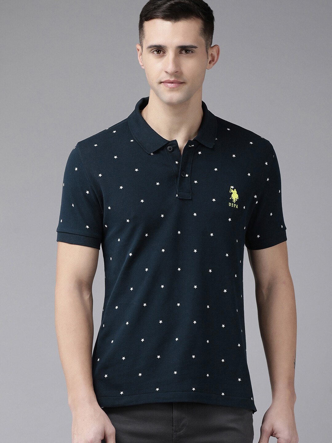 

U.S. Polo Assn. Men Navy Blue & White Printed Polo Collar T-shirt