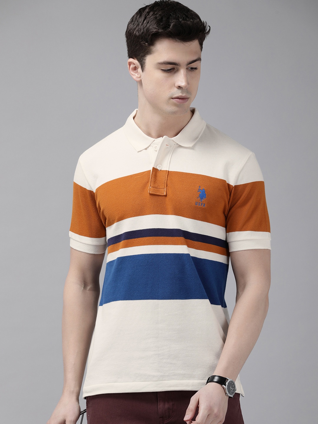 

U.S. Polo Assn. Men Pure Cotton Colourblocked Polo Collar T-shirt, Off white
