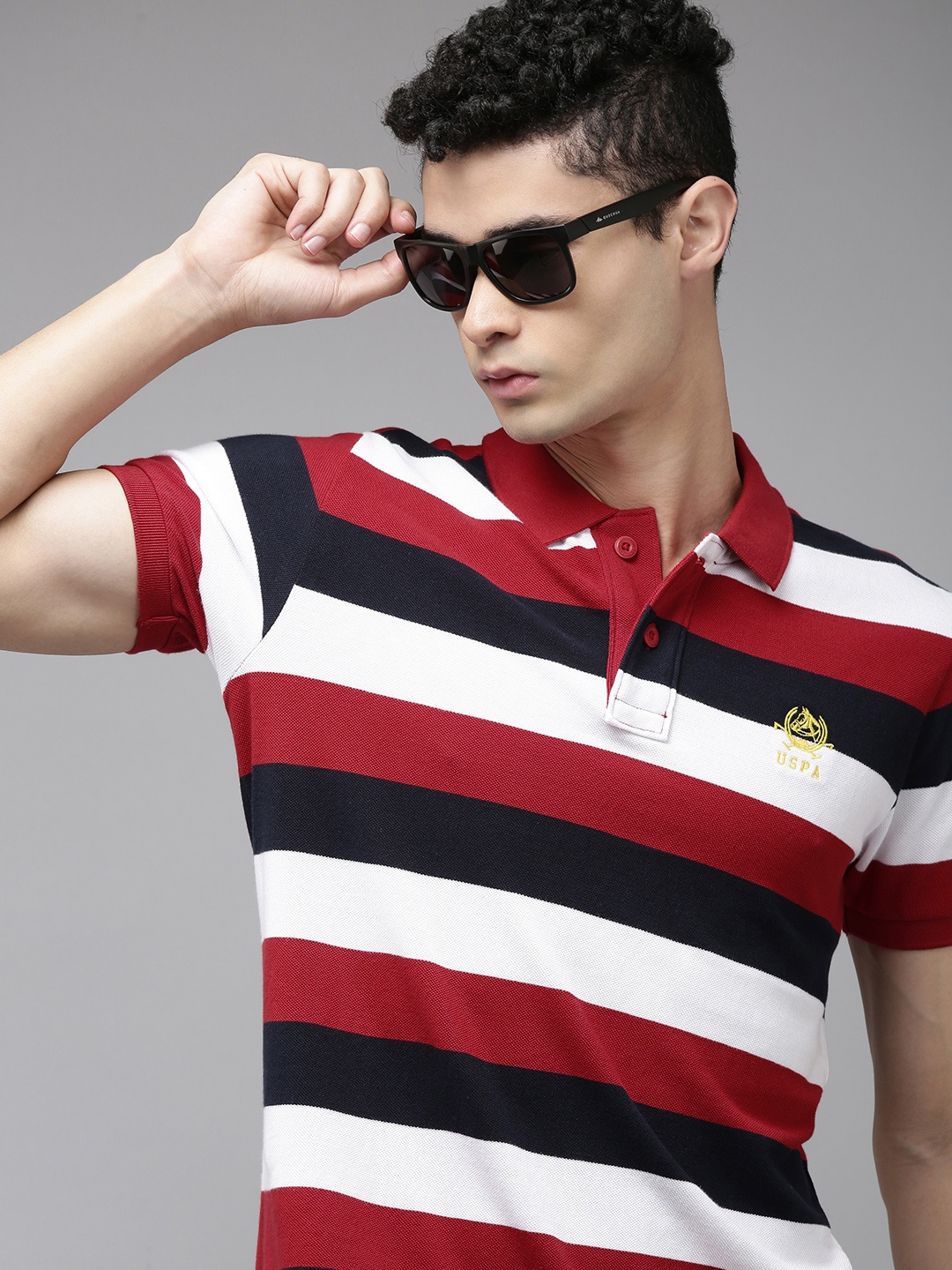 

U S Polo Assn Men Red & White Striped Polo Collar Pure Cotton Slim Fit T-shirt