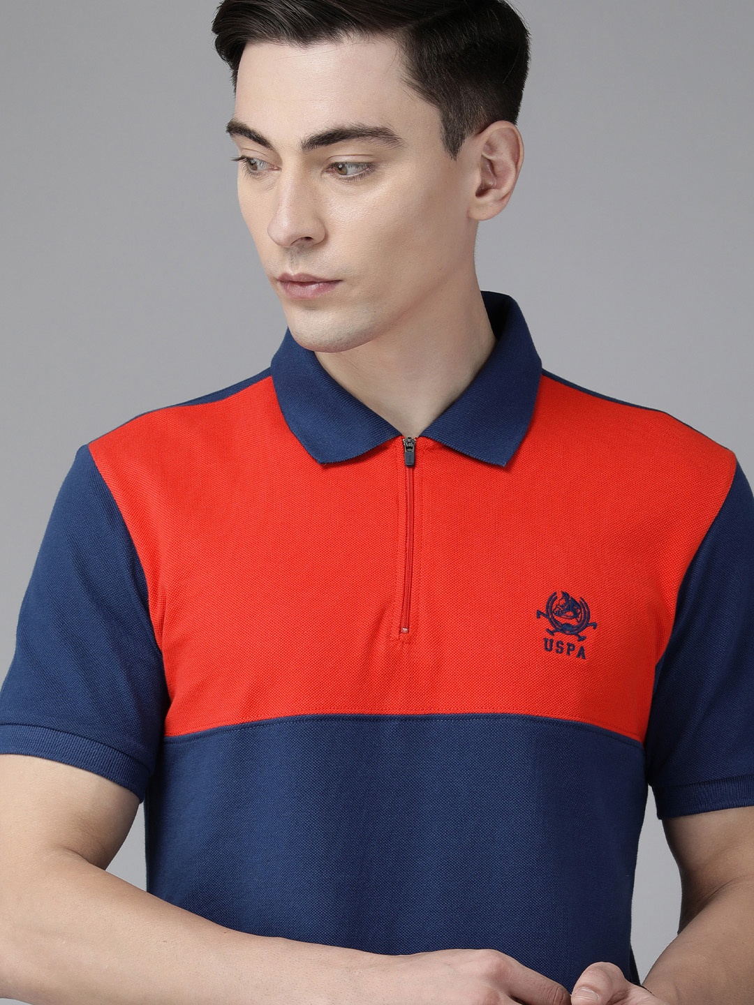 

U S Polo Assn Men Navy Blue & Red Colourblocked Polo Collar Pure Cotton Slim Fit T-shirt