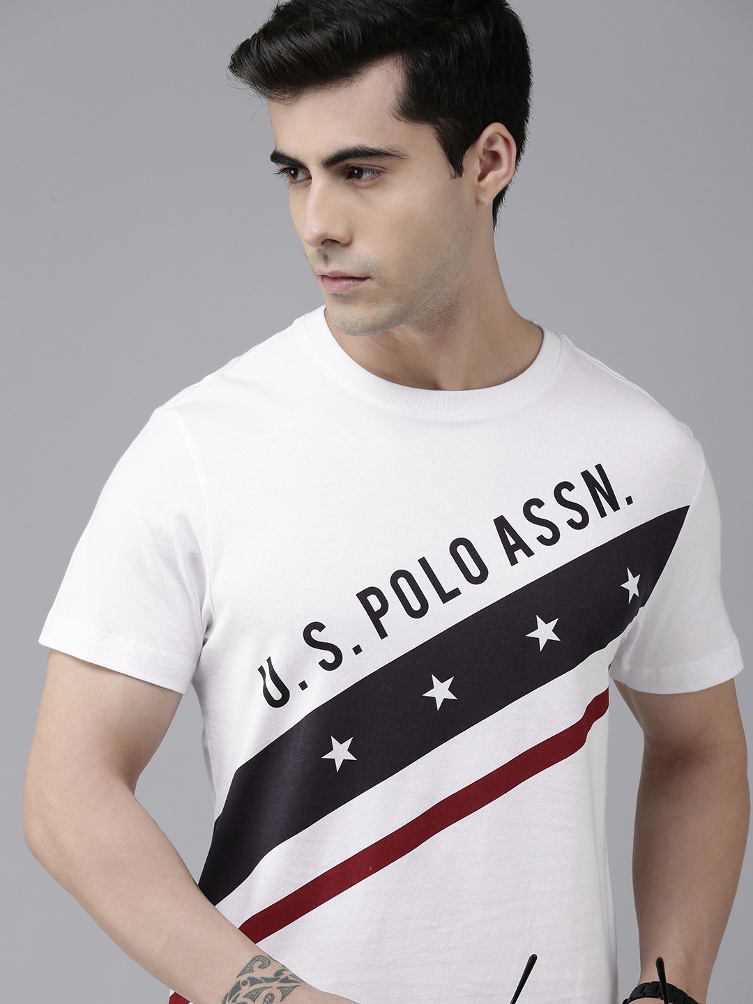 

U S Polo Assn Men White Brand Logo Printed Pure Cotton Slim Fit T-shirt