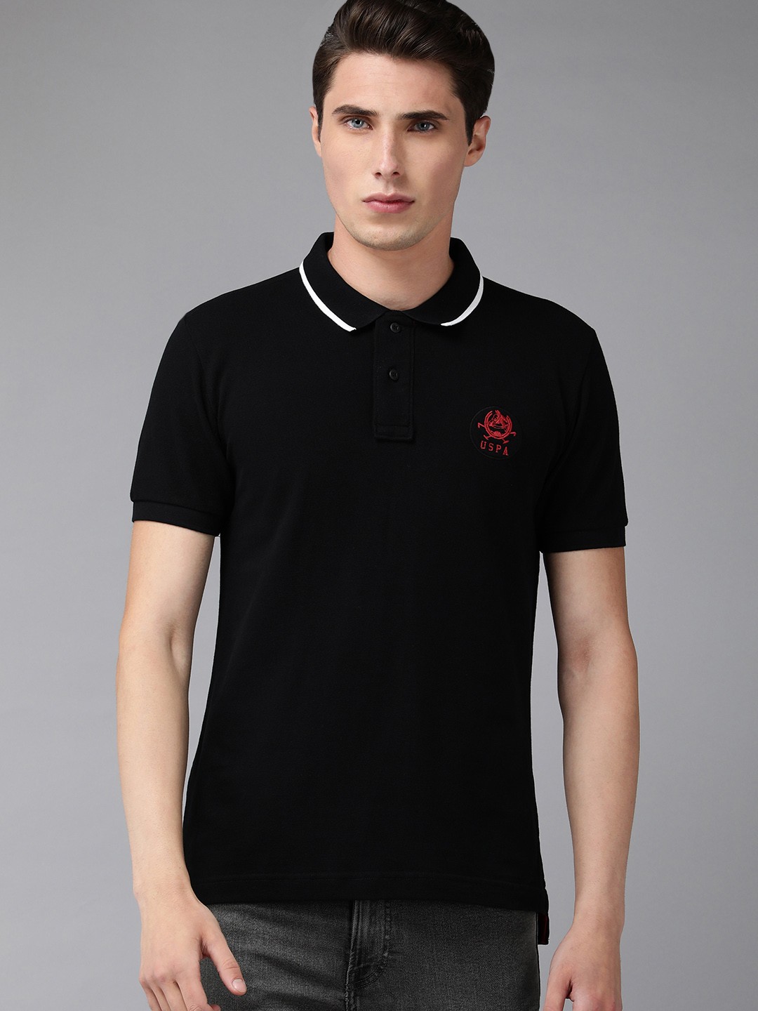 

U S Polo Assn Men Black Brand Logo Embroidered Polo Collar Pure Cotton Slim Fit T-shirt