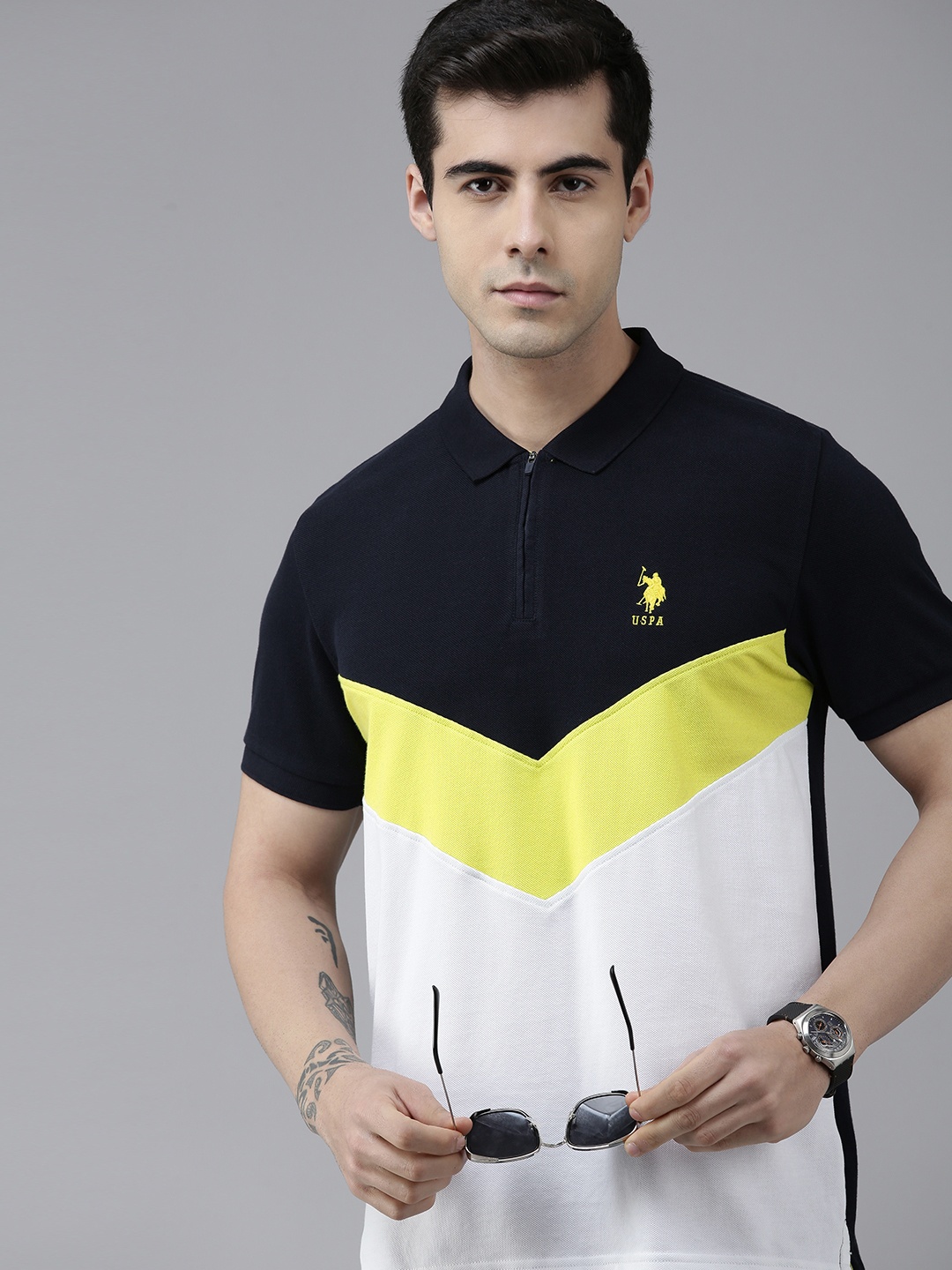 

U S Polo Assn Men Navy Blue & White Colourblocked Polo Collar Pure Cotton Slim Fit T-shirt